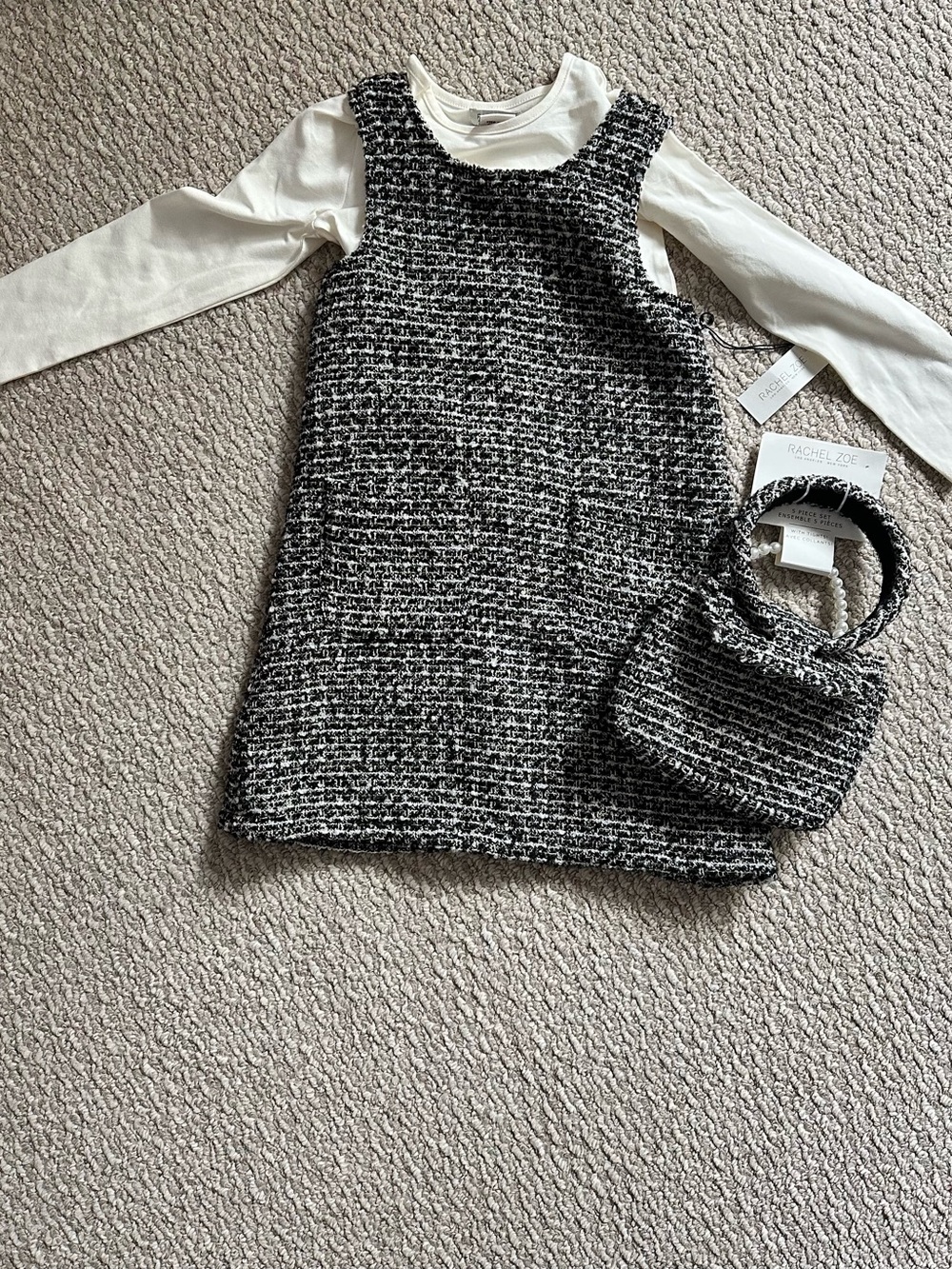 Rachel Zoe Cream Tweed Pinafore with Matching Mini Bag and headband